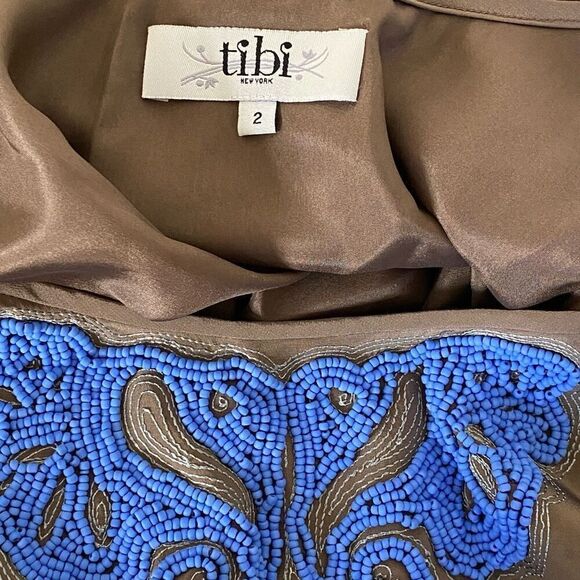 Tibi Taupe Periwinkle Blue Silk Beaded 3/4 Sleeve Blouse Top Sz 2 - Picture 6 of 15